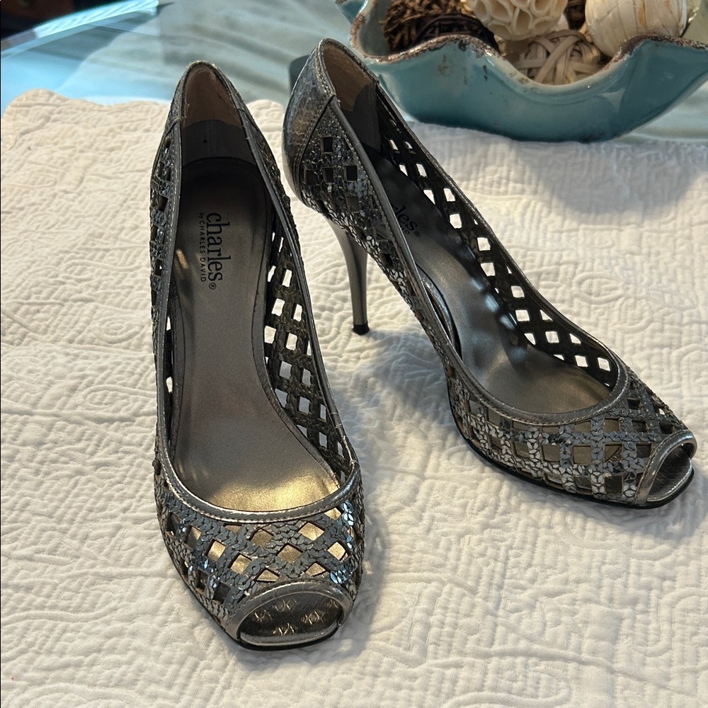 Charles David Silver Peep-Toe Heels